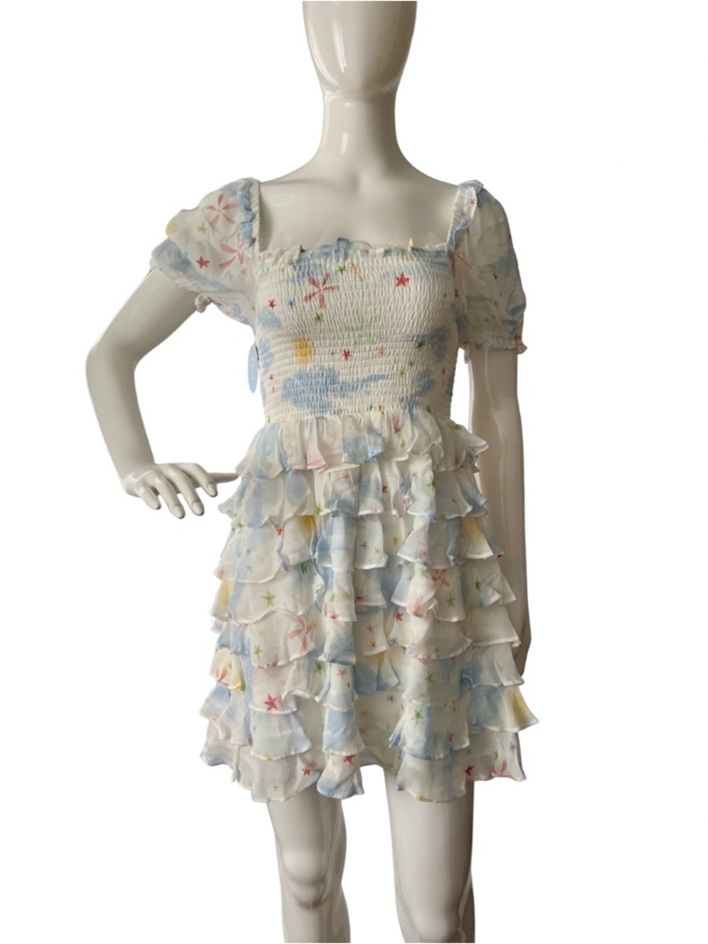 Hill House Mini Dress in White with pastel blue,Yellow & Pink Star Print_Size XS